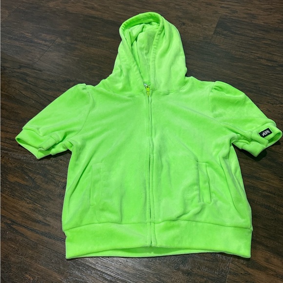 Tiger Friday Tops - Tiger Friday Women's Neon Green Velour-Like Short Sleeve Hoodie Size Adult Small